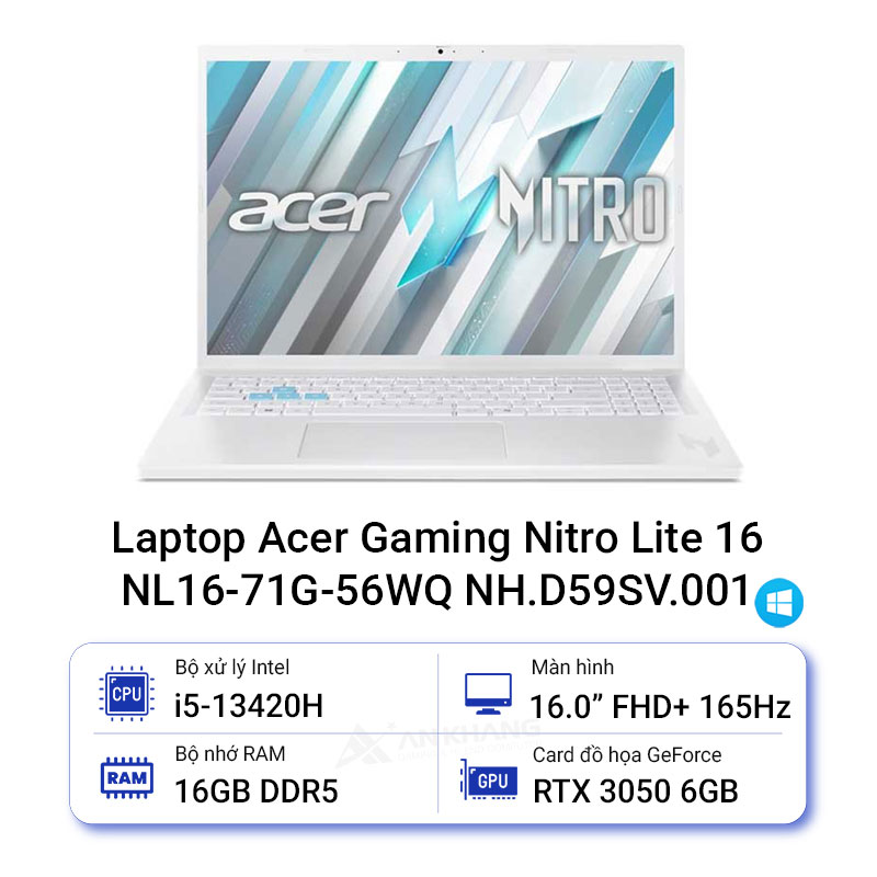 ACER NITRO 5 Core i5 13420H/ 16G/ 512G SSD/ RTX3050 6G/ 16" FHD 144Hz/ Win 11 (NL16-71G-56WQ - TRẮNG )
