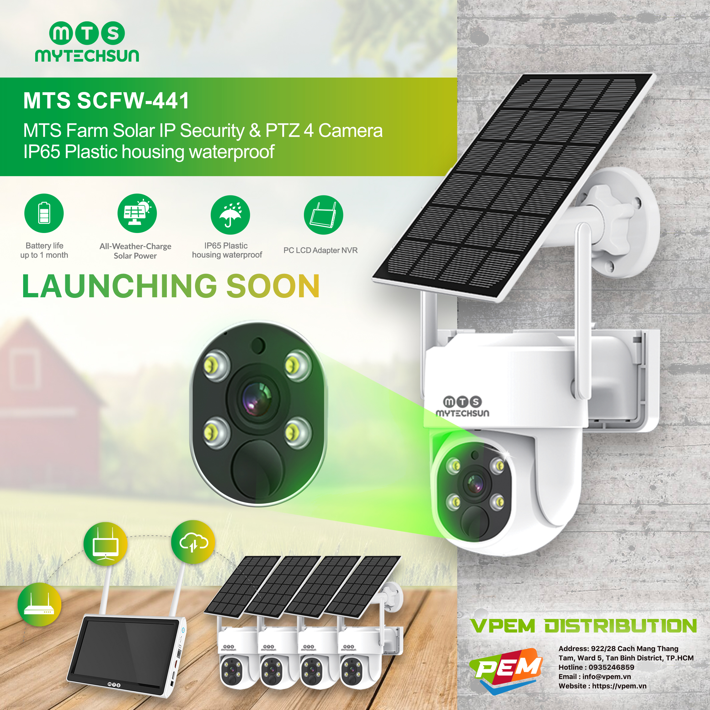 Camera Năng Lượng Mặt Trời MTS SCFW-441 - bộ 4 camera + LCD 10"