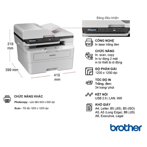 Máy in Laser đen trắng đa năng Brother DCP-B7640DW (In đảo mặt, Scan ADF 1 mặt, Copy, A4, USB, LAN, WIFI)